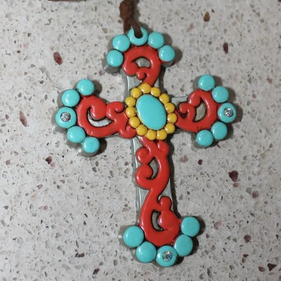 Beautiful Turquoise & Orange Large Cross on Leather Tied to Multi Bead Necklace - Picture 3 of 11